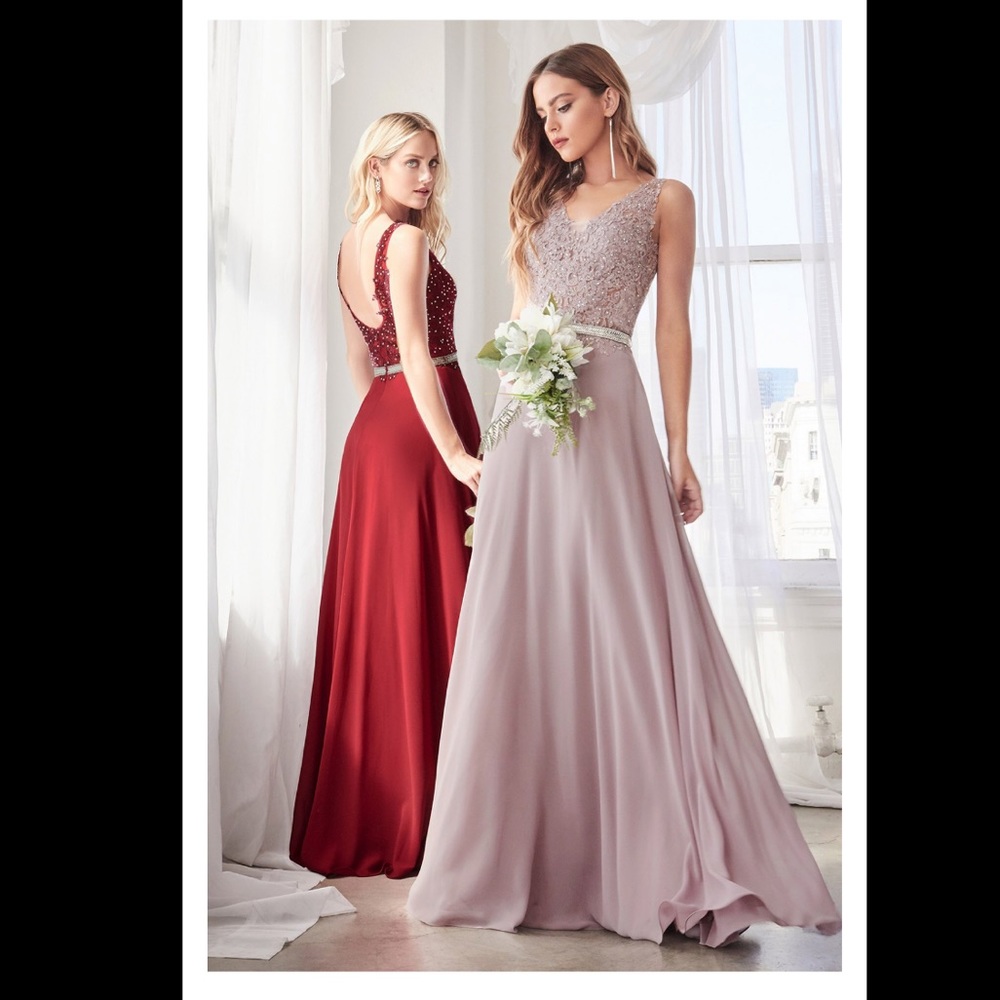 Cinderella Divine A-line gown with deep v-neckline and open back